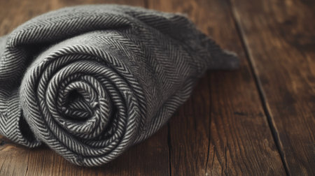 This beautifully rolled gray herringbone patterned blanket is set against a rustic wooden surface, enhancing cozy and inviting atmospheres in homes and living spaces.の素材