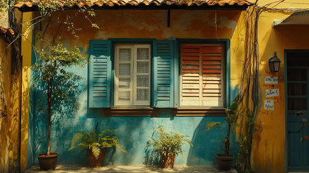 A picturesque view of a vibrant blue and yellow wall featuring charming shutters and potted plants, showcasing the beauty of urban architecture and color harmony.の素材