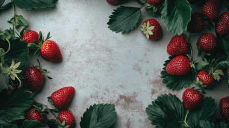 A stunning display of fresh strawberries surrounded by green leaves, set against a rustic background. Perfect for food-related projects, blogs, or marketing natural products.の素材