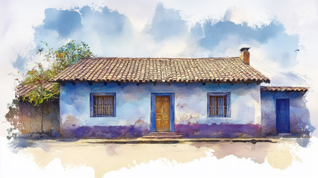 A beautifully painted watercolor image of a rustic house showcasing blue walls and a traditional roof, evoking serenity and charm in a picturesque outdoor setting.の素材