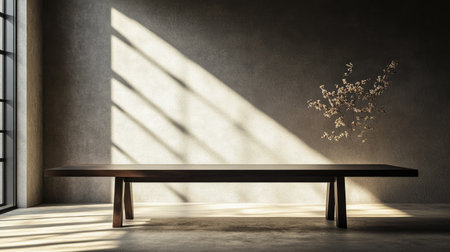A serene, minimalistic interior scene showcasing a simple table illuminated by soft natural light, casting harmonious shadows against a textured wall with delicate floral accents.の素材
