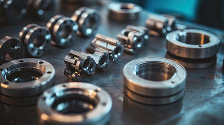 A detailed close-up shot of various industrial machine parts and components meticulously arranged on a workbench in a manufacturing setup, showcasing precision engineering and craftsmanship.の素材