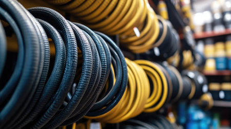 This image features an assortment of colorful rubber hoses hanging on a store shelf, highlighting the diverse textures and patterns ideal for various plumbing and DIY tasks.の素材