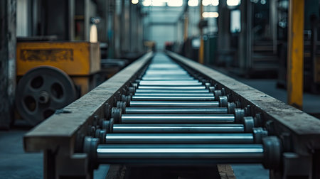 A detailed view of an industrial roller conveyor, showcasing the precision and sturdy design suitable for various manufacturing and logistical operations in a modern facility.の素材