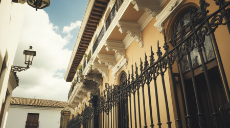 A stunning view of a historic colonial building featuring intricate ironwork and classic architectural elements against a dramatic sky, showcasing urban charm and cultural heritage.の素材