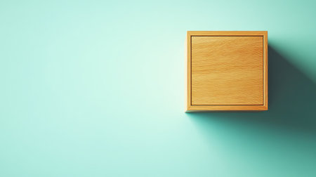 A minimalist wooden box rests elegantly on a soft mint background, casting a gentle shadow, perfect for showcasing storage solutions or enhancing modern interior design aesthetics.の素材