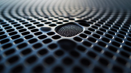 Captivating close-up image showcasing a textured black surface with a circular pattern and a central focal point, illustrating the beauty of light and shadows in a modern design.の素材