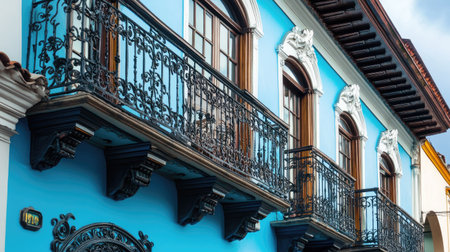 Explore a stunning blue colonial building featuring intricate ironwork balconies, showcasing vibrant colors and artistic architectural details in a historic neighborhood.の素材