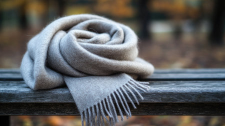 A light grey scarf beautifully rolled on a wooden bench amidst autumn leaves, evoking a sense of comfort and tranquility perfect for fall fashion and cozy moments.の素材