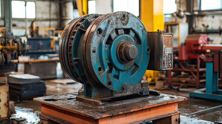 A detailed view of a rusted industrial compression machine in a factory, showcasing the ruggedness of equipment and the complexity of manufacturing processes in an industrial setting.の素材