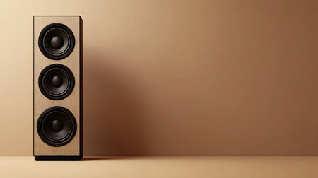 This image showcases a modern acoustic speaker with three large woofers, highlighting minimalist design and stylish elements suitable for any contemporary space.の素材