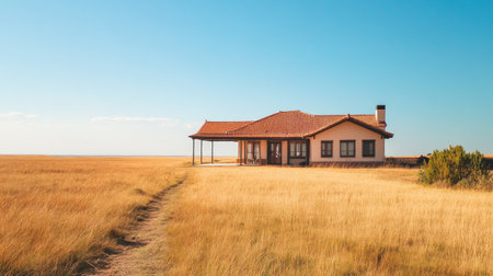 A beautiful country house stands alone in a vast golden field beneath a bright blue sky, representing rural charm and the peacefulness of nature.の素材