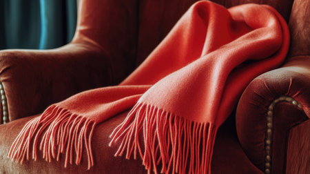 A soft red blanket casually draped over a vintage armchair creates a warm and inviting atmosphere, perfect for relaxation and adding comfort to any living space.の素材