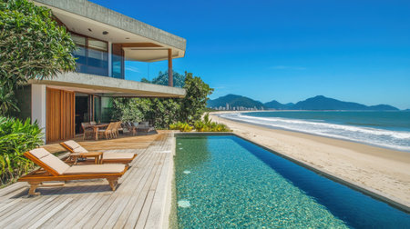 Experience luxury with this modern beachfront villa featuring an infinity pool, overlooking tranquil ocean waves and lush palm trees, perfect for a relaxing getaway.の素材