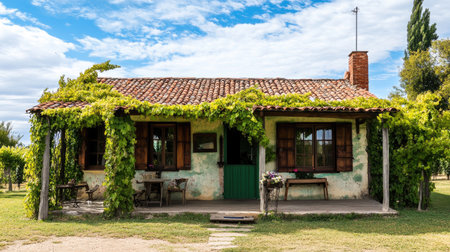 A charming rustic cottage adorned with vibrant vines offers a peaceful retreat in the countryside, featuring a lovely garden and bright blue sky, perfect for relaxation.の素材