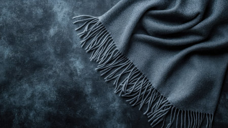 A cozy dark gray blanket with fringes draped elegantly on a textured background, perfect for creating warm and inviting atmospheres in home decor and design projects.の素材