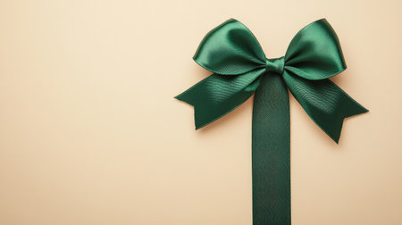 A beautiful green satin bow with a flowing ribbon on a soft beige background, ideal for conveying elegance and style in gift wrapping or festive decorations.の素材