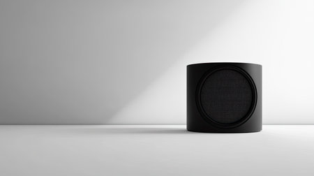 A sleek black speaker positioned against a white surface, featuring soft shadows that enhance its minimalist design, ideal for modern interior settings and audio enthusiasts.の素材