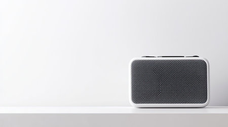 A sleek and modern portable Bluetooth speaker rests on a minimalist shelf, ideal for enhancing sound in any contemporary environment while adding a stylish touch to decor.の素材