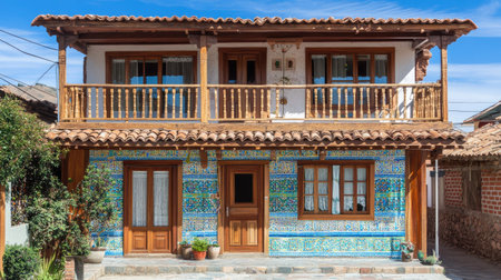 Discover a picturesque traditional home showcasing a vibrant tile facade and a rustic balcony, set against a peaceful village backdrop under clear blue skies.の素材