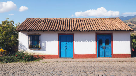 Explore the beauty of a traditional Peruvian house featuring vibrant blue doors, a rustic roof, and a charming environment, perfect for cultural and architectural photography.の素材