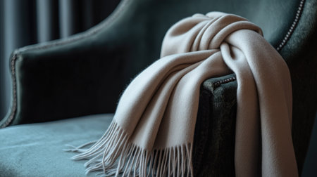 A soft, neutral blanket draped elegantly over an armchair creates a warm and inviting atmosphere, perfect for enhancing interior design or home decor themes.の素材