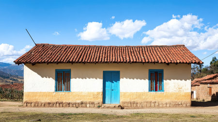 A picturesque traditional rural house featuring a vibrant blue door and terracotta roof, set against a clear blue sky and a peaceful landscape, perfect for capturing rural charm.の素材