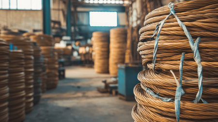 A visually striking image of coiled copper wire displayed in an industrial warehouse. The soft lighting enhances the textures and repetition, showcasing a vibrant manufacturing environment.の素材