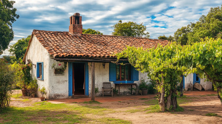 A picturesque cottage nestled in nature, surrounded by lush grapevines and trees. The rustic charm, vibrant colors, and dramatic sky create a peaceful atmosphere ideal for relaxation.の素材