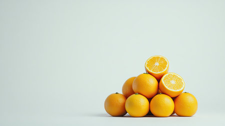 A vibrant arrangement of fresh oranges stacked in a pyramid formation, with one orange cut in half on top, ideal for various health and culinary themes in stock photography.の素材