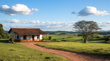 A serene countryside scene showcasing a rustic house nestled in green fields under a bright sky, perfect for conveying peaceful rural living and natural beauty.の素材