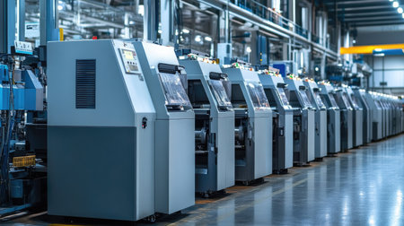 A high-tech industrial factory features a lineup of advanced machinery, symbolizing modern manufacturing processes, efficiency, and innovative technology in a professional workspace.の素材