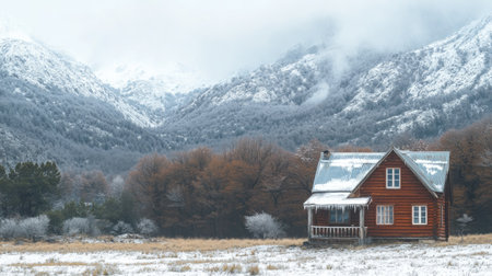 A charming red cabin stands amidst a picturesque winter landscape, surrounded by snow-covered mountains and frosty trees, creating a serene and tranquil outdoor scene.の素材