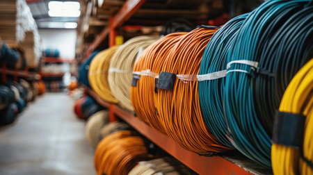 A vibrant display of colorful electric wires and cables in a warehouse setting, showcasing various materials and textures for diverse electrical applications.の素材