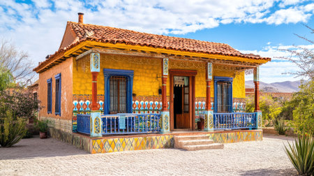 A beautifully vibrant house featuring traditional architecture, decorative elements, and surrounded by nature, showcasing the charm of a rural landscape under a bright blue sky.の素材