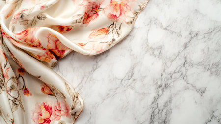 A beautifully draped floral silk fabric rests elegantly on a soft white marble surface, offering a harmonious blend of natural beauty and sophistication, perfect for design inspiration.の素材