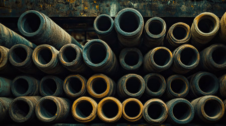 Close-up view of stacked industrial pipes displaying various textures and colors, perfect for illustrating concepts of engineering, construction, and urban infrastructure.の素材