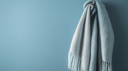 A stylish light blue knitted blanket is draped gracefully against a textured wall, creating a serene and inviting atmosphere perfect for any cozy home setting.の素材