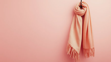 A stylish soft pink scarf drapes elegantly from a hook against a smooth pink wall, creating a warm and inviting atmosphere perfect for photography and home decor usage.の素材