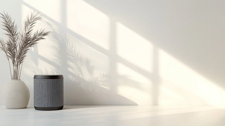 A peaceful indoor setting showcasing a stylish vase and a plant, with soft shadows creating a harmonious ambiance perfect for modern interior decor inspiration.の素材