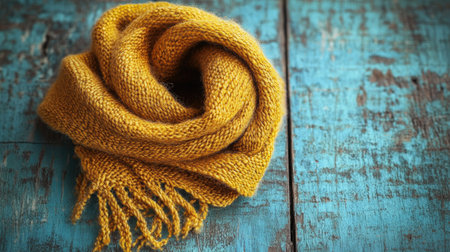 This cozy mustard knit scarf is beautifully draped on a rustic turquoise wooden surface, highlighting its texture and warmth, ideal for stylish autumn outfits and seasonal accessories.の素材