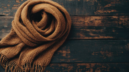 A cozy brown scarf displayed on a rustic wooden background, showcasing its knitted texture and warmth, making it an ideal accessory for autumn and winter styles.の素材