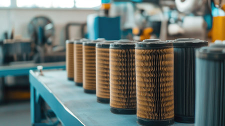 Close-up view of air filter elements in a manufacturing facility, demonstrating production quality and attention to detail essential for ensuring optimal air filtration performance.の素材