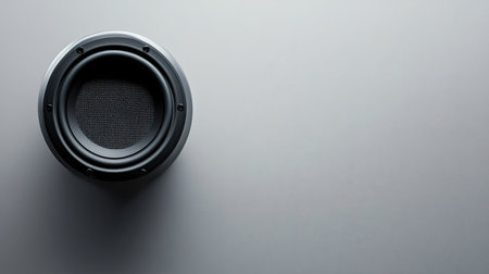 This image features a modern black speaker resting on a minimalist gray background, perfect for showcasing audio equipment in design projects or promotional materials.の素材