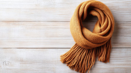 A cozy mustard yellow scarf is elegantly placed on a rustic wooden background, capturing the essence of autumn fashion and seasonal warmth with its soft texture and fringed edges.の素材