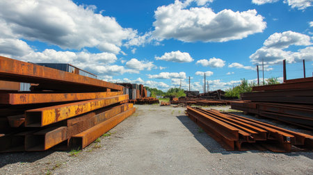 A vibrant industrial scene showcasing rusty steel beams stacked in a gravel yard, set against a bright blue sky filled with fluffy clouds and surrounding greenery.の素材