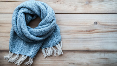 A cozy light blue knit scarf is gracefully positioned on a rustic wooden surface, highlighting its warmth and texture, perfect for seasonal fashion and comfort in chilly weather.の素材