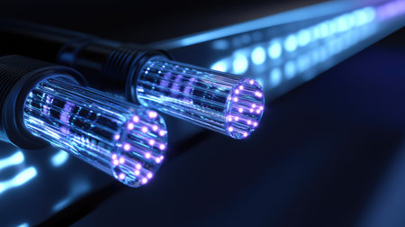 This image showcases a detailed close-up of fiber optic cables emitting vibrant light pulses, highlighting their transparent structure and the essence of advanced communication technology.の素材
