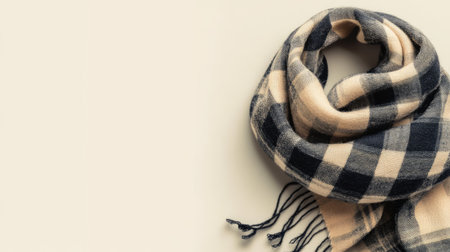 A beautifully folded plaid scarf featuring a soft, neutral background perfect for adding warmth and style to any outfit during the chilly months of fall and winter.の素材