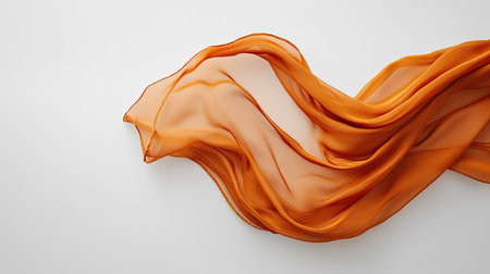 This image features an elegant piece of orange chiffon fabric gracefully flowing over a clean white background, showcasing its softness and vibrant color in a minimalist aesthetic.の素材